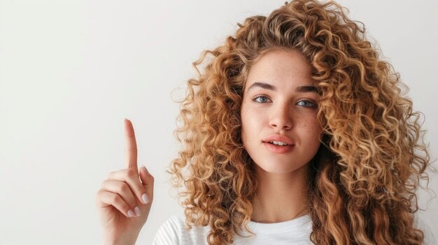 Woman holding up a finger, with deep and thick ringlets
