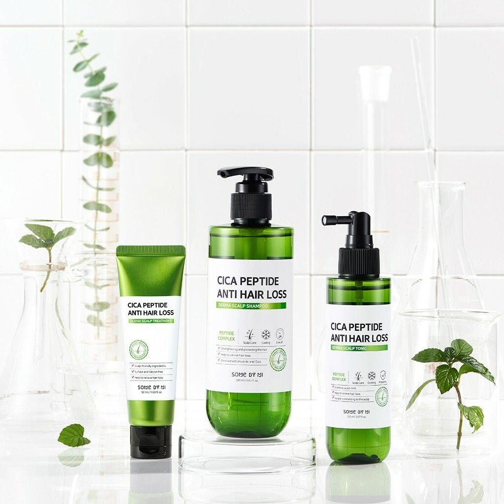 Cica Peptide Hair Loss Shampoo, Treatment and Tonic in a nature-themed bathroom