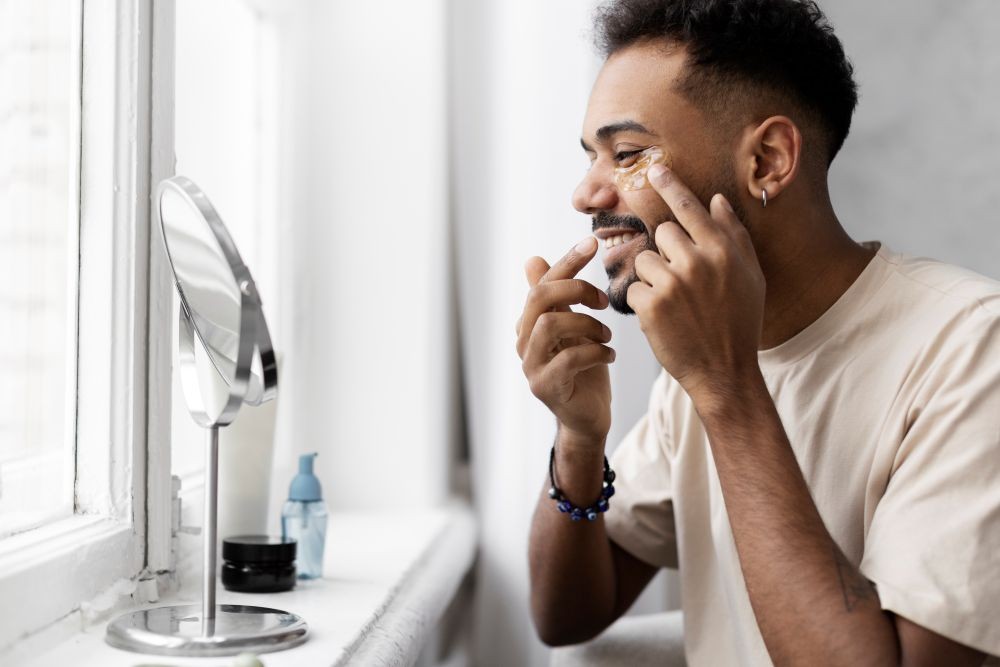 Young man doing his self-care routine in a small mirror stand