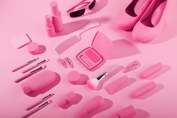 Bright pink beauty accessories in a bright pink backdrop