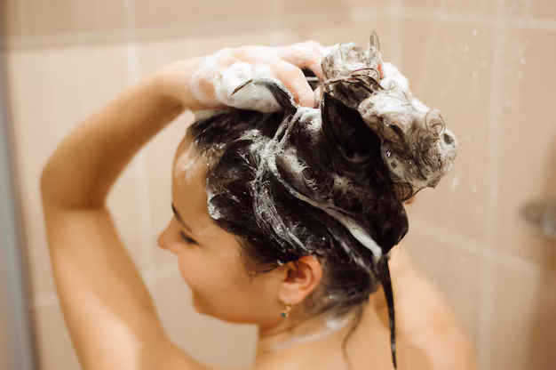 Young woman washing her hair with shampoo
